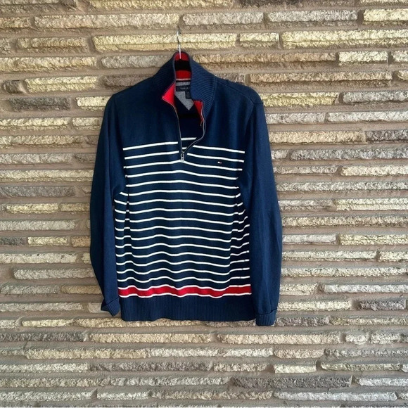 Tommy Hilfiger Navy Blue Striped 1/4 Zip 100% Cotton Sweater - Picture 1 of 6